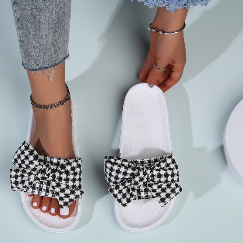 

Houndstooth Bow Slides, Black and white