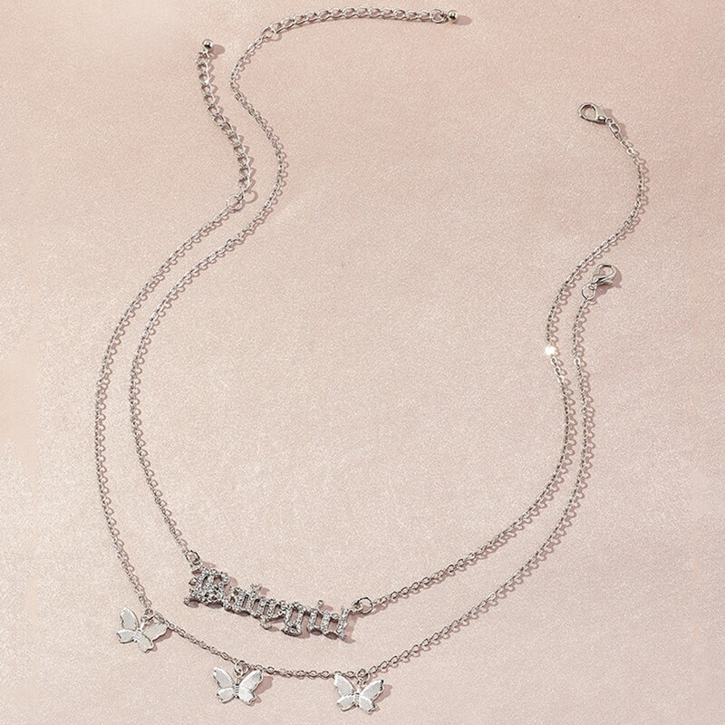 

2pcs Butterfly & Letter Layered Necklace, Silver