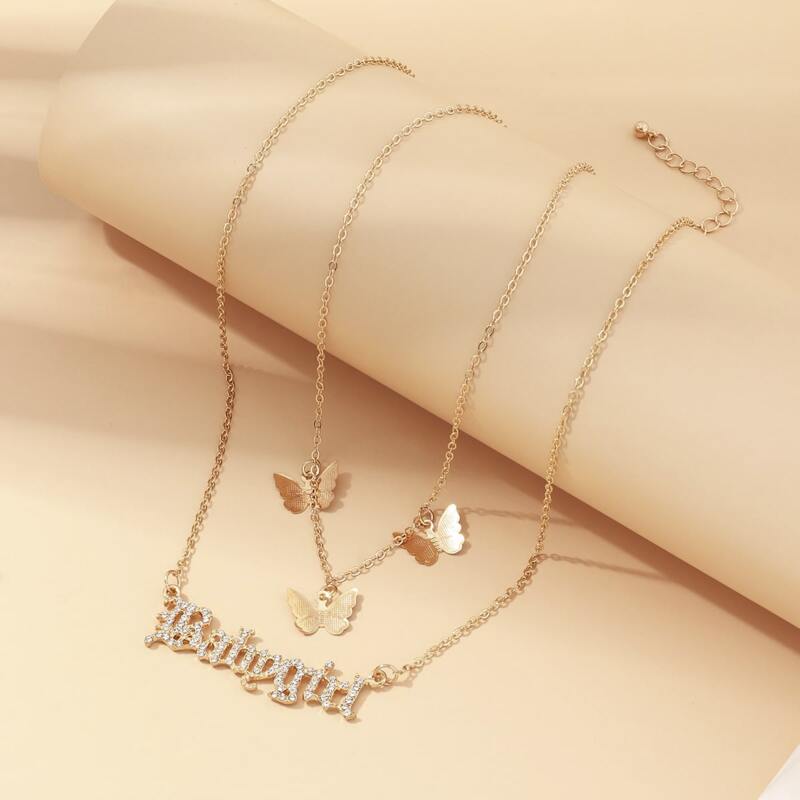 

2pcs Butterfly & Letter Layered Necklace, Gold