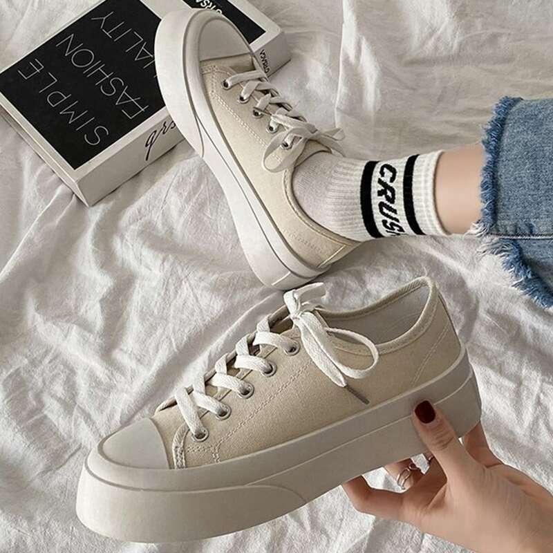 

Solid Lace-up Canvas Sneakers, Beige