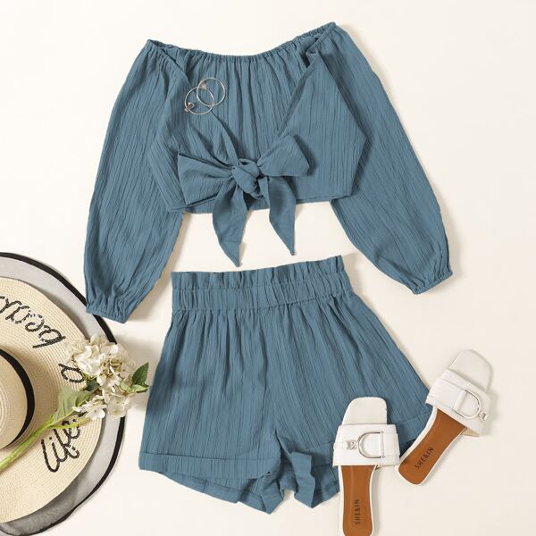 

Tie Front Top With Paperbag Waist Shorts, Dusty blue