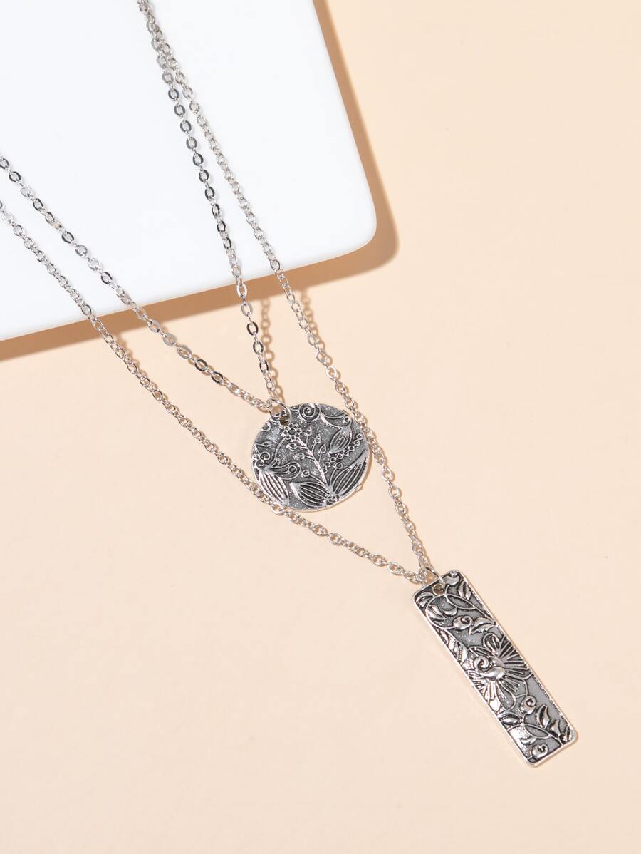 圓片和幾何吊墜多層項鍊 - 銀色 - 查看 1