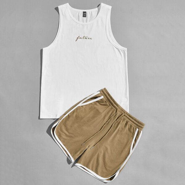 

Men Letter Graphic Tank Top And Contrast Binding Shorts PJ Set, Multicolor