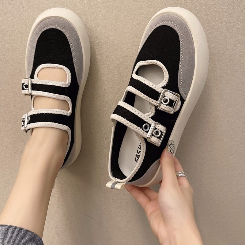 

Colorblock Ankle Strap Canvas Sneakers, Black