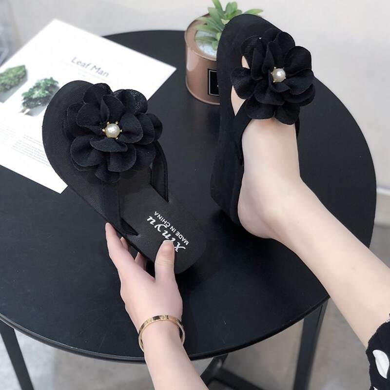 

Floral Wedge Flip Flops, Black