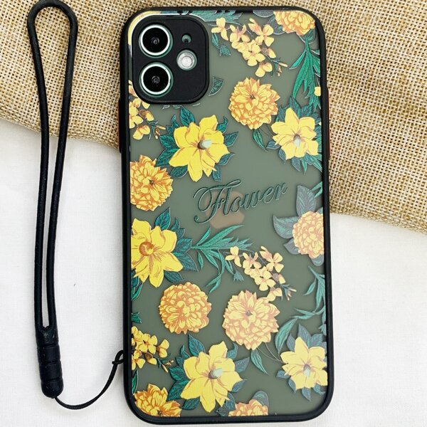 

Flower Pattern Phone Case With Lanyard, Black