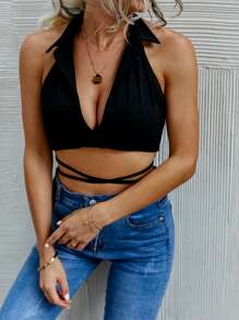 SHEIN WYWH 露背素色短版繞頸上衣 - 黑色 - 查看 1
