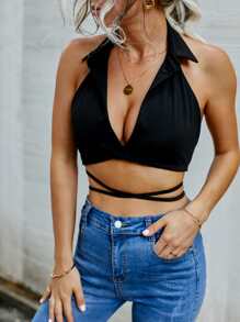 SHEIN WYWH 露背素色短版繞頸上衣 - 黑色 - 查看 3