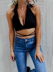 SHEIN WYWH 露背素色短版繞頸上衣 - 黑色 - 查看 4