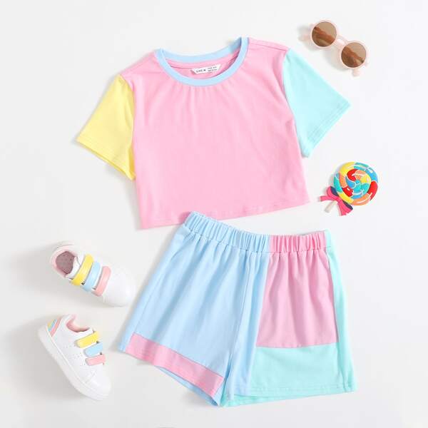 

Girls Colorblock Tee And Shorts Set, Multicolor