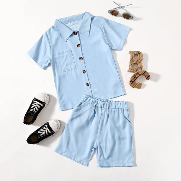 

Toddler Boys Pocket Front Solid Shirt & Shorts, Baby blue