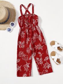SHEIN Jumpsuit bé gái Hội Chữ thập Nhiệt đới Boho - Màu Đỏ Sâu - Xem 1