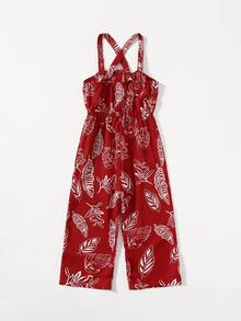 SHEIN Jumpsuit bé gái Hội Chữ thập Nhiệt đới Boho - Màu Đỏ Sâu - Xem 2