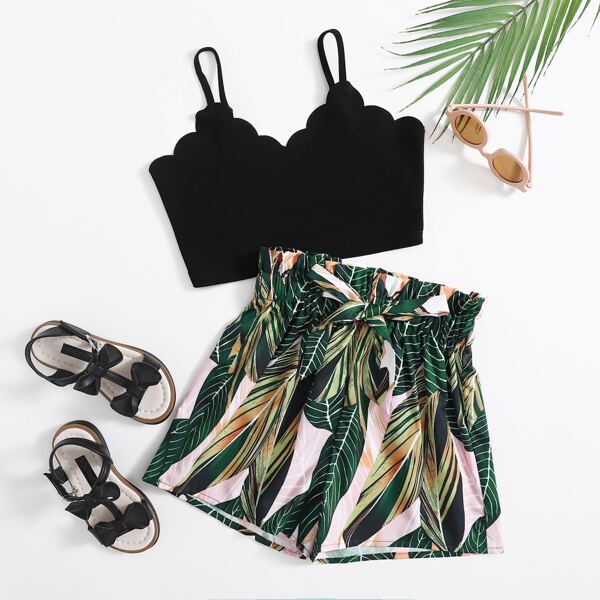 

Girls Scallop Trim Cami Top & Paperbag Waist Tropical Shorts Set, Multicolor