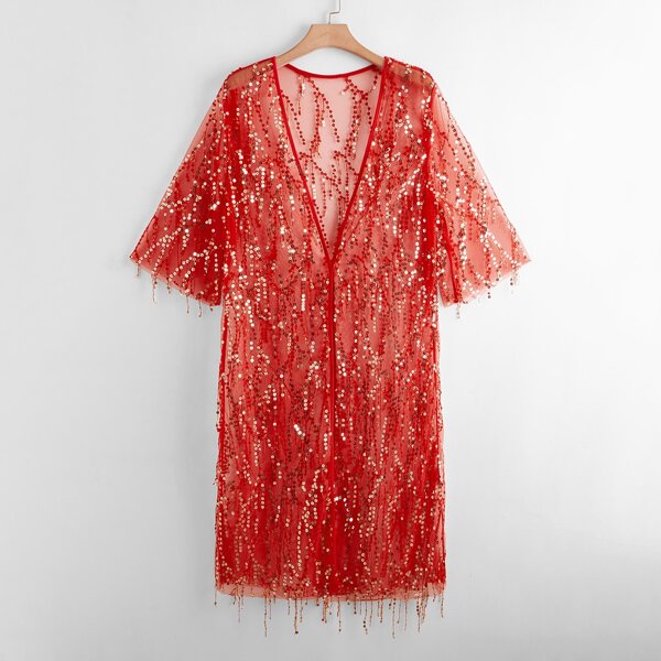 

Plus Solid Sheer Sequin Kimono, Red