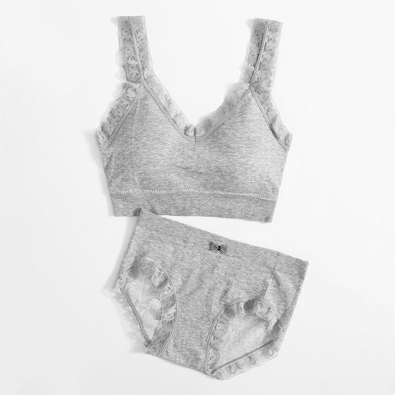 

Lace Trim Lingerie Set, Grey