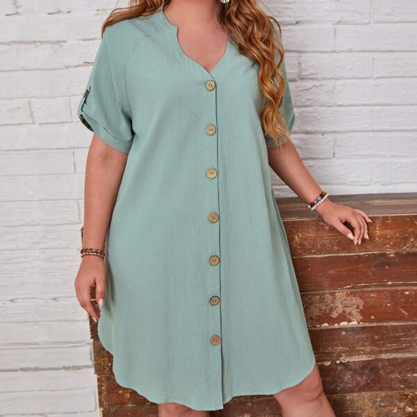 

Plus Notch Neck Roll Tab Sleeve Dress, Mint green