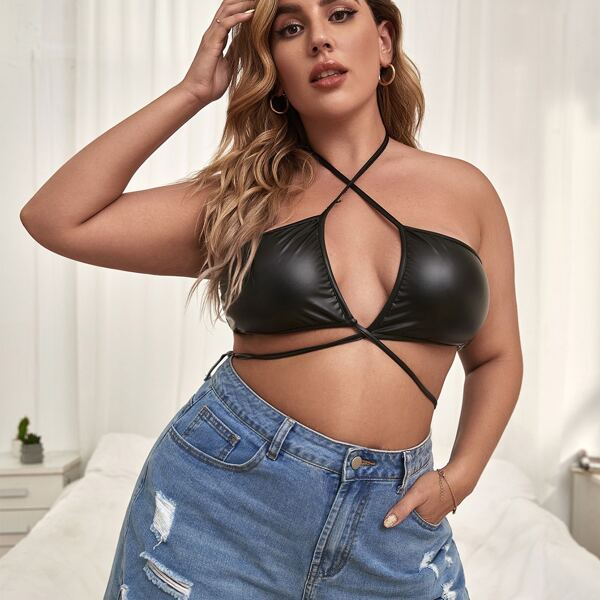 

Plus Crisscross Halter PU Bralette, Black