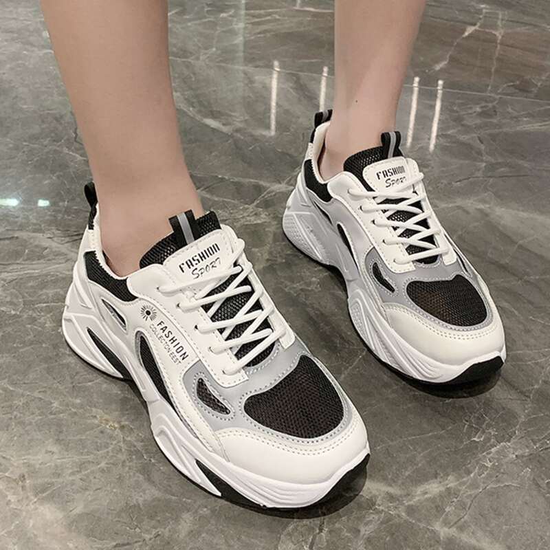 

Lace-up Mesh Chunky Sneakers, Black and white