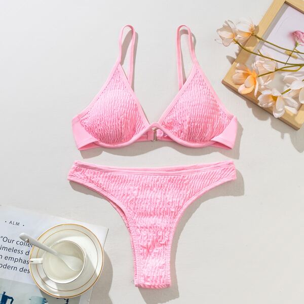 

Smocked Underwire Bikini Swimsuit, Baby pink
