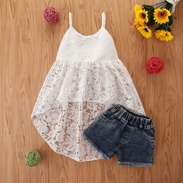 

Toddler Girls Lace High Low Cami Top & Denim Shorts, Blue and white
