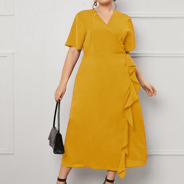

Plus V-neck Ruffle Trim Wrap Dress, Yellow
