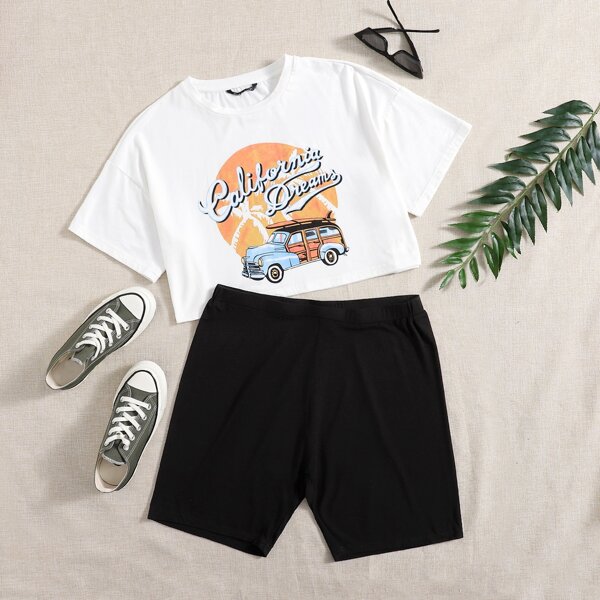 

Plus Letter and Car Print Top & Shorts Set, Multicolor
