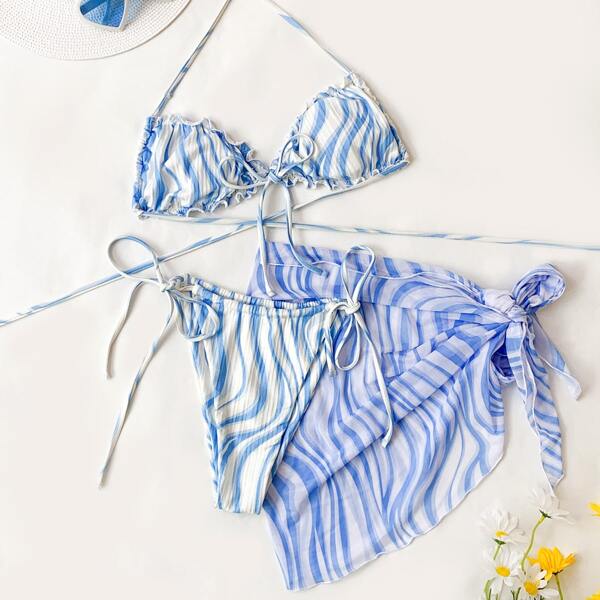 

3pack Wave Print Frill Bikini Swimsuit & Beach Skirt, Blue and white