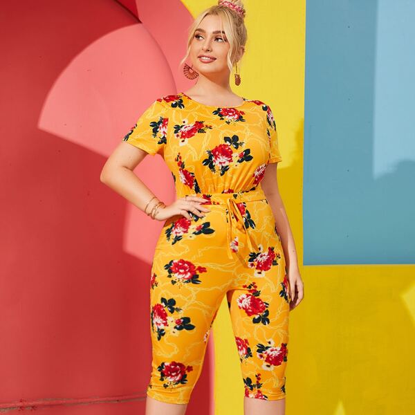 

Plus Floral Print Knot Waist Jumpsuit, Yellow
