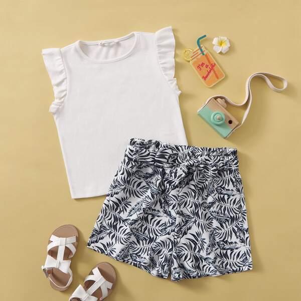 

Girls Ruffle Trim Top & Self Belted Tropical Hem Shorts Set, Black and white
