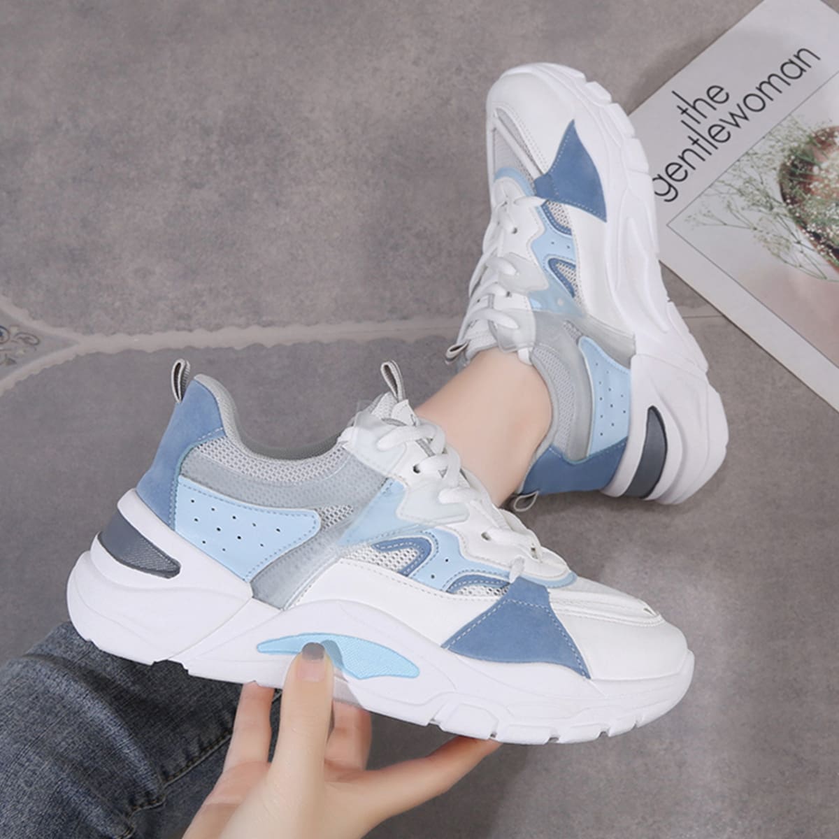 

Colorblock Lace-up Chunky Sneakers, Blue and white