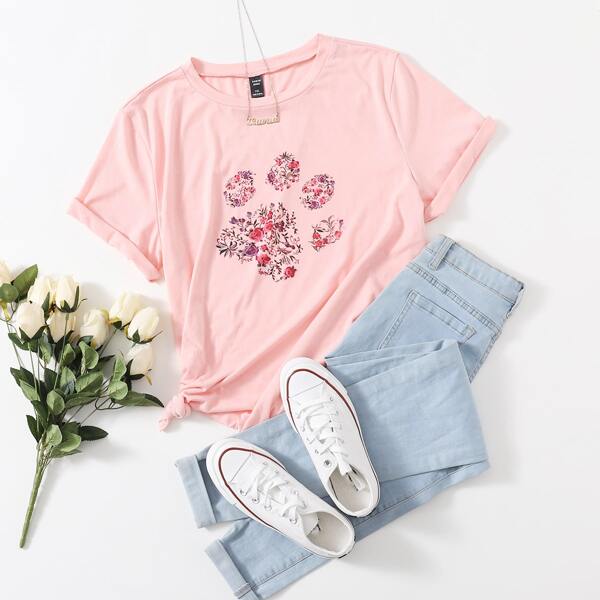 

Plus Floral Print Tee, Baby pink