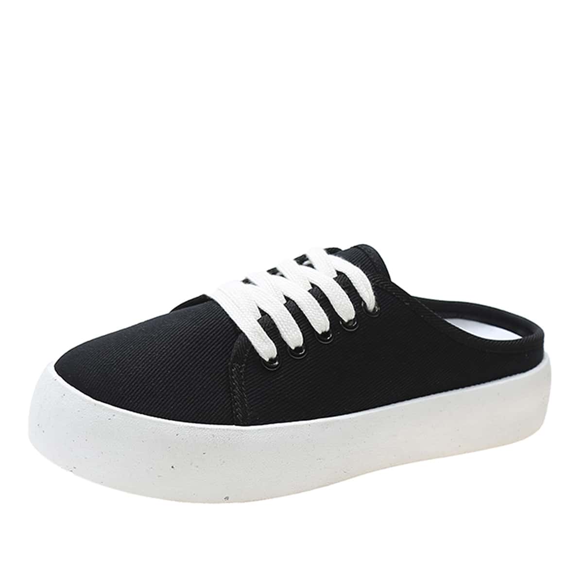 

Solid Lace-up Canvas Sneaker Mules, Black