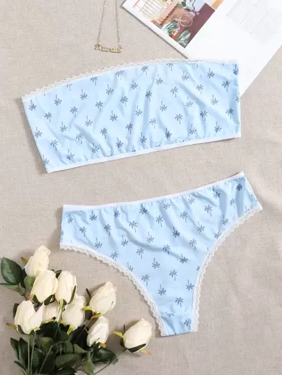 大碼熱帶隨機圖案抹胸內衣褲套裝