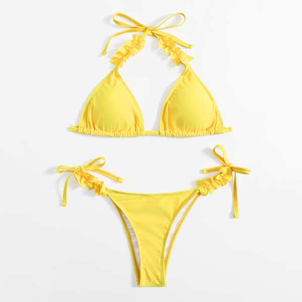 

Solid Triangle Thong Bikini Swimsuit, Yellow