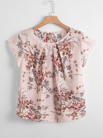 بلوزة باكمام بتلة بطباعة زهر مقاس كبير