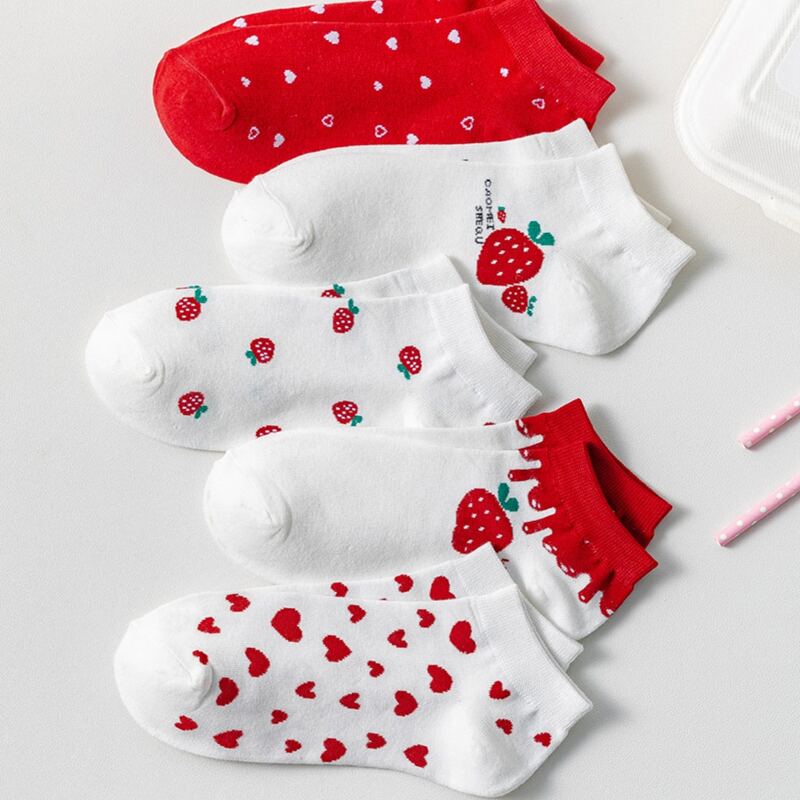 

5pairs Fruit Graphic Ankle Socks, Red and white