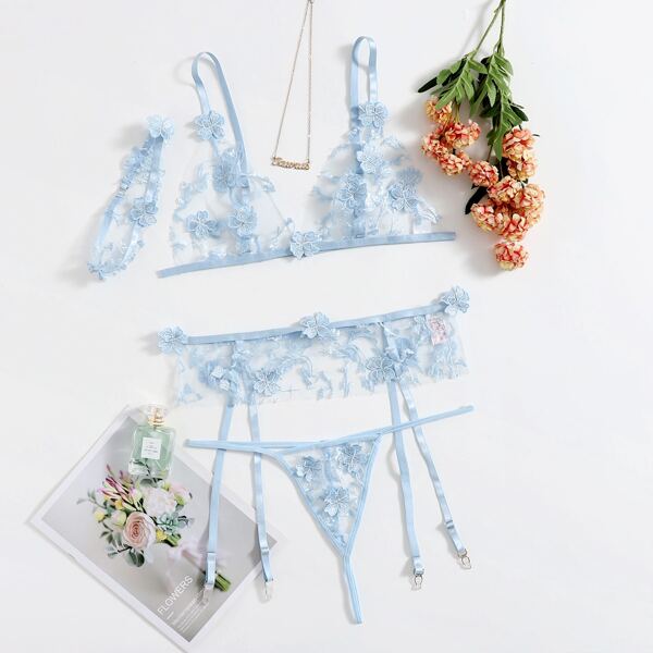 

Plus Embroidery Mesh Garter Lingerie Set With Choker, Baby blue