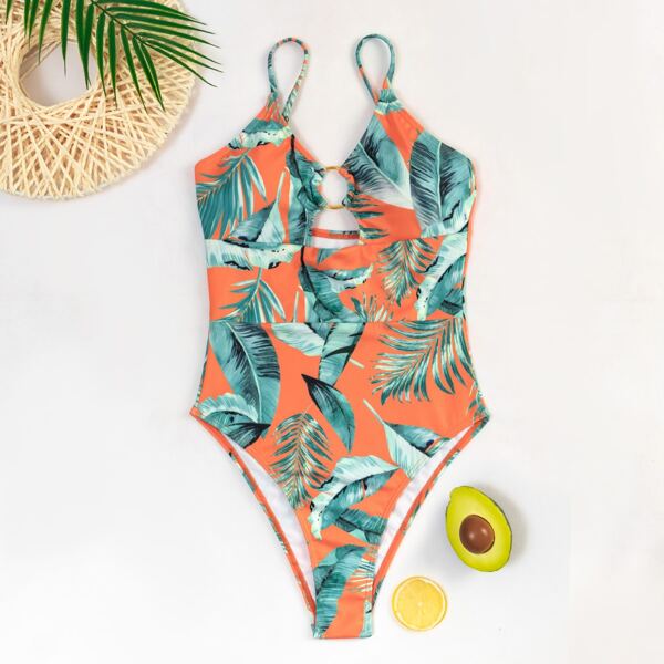 

Leaf Random Print Ring Linked One Piece Swimsuit, Multicolor