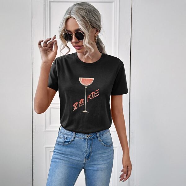 

Japanese Letter Graphic Crew Neck Tee, Black