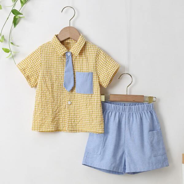 

Toddler Boys Fake Tie Gingham Shirt With Shorts, Multicolor