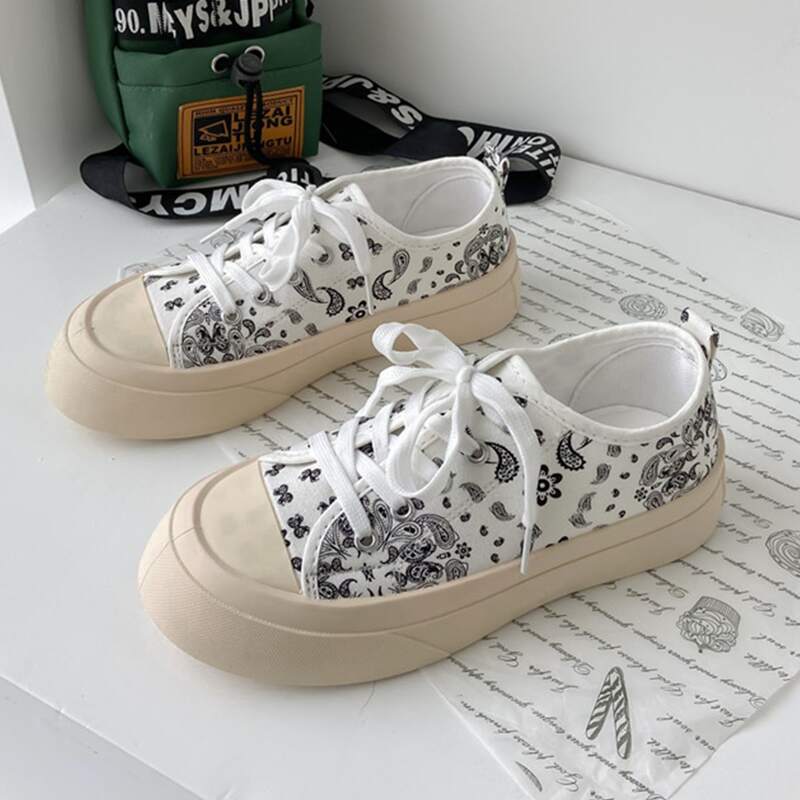 

Floral & Paisley Lace-up Canvas Sneakers, White