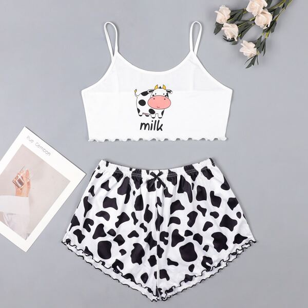 

Cartoon & Cow Graphic Bow Detail Pajama Set, Black and white