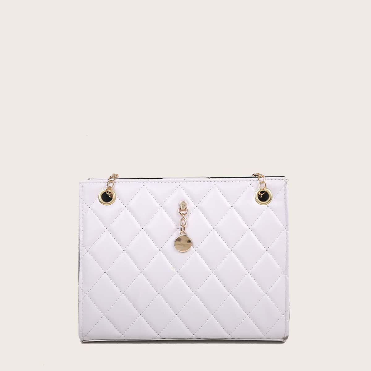 

Quilted Chain Tote Bag, White