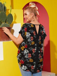 SHEIN Plus Batwing Sleeve Cutout Back Floral Top - Multicolor - View 1
