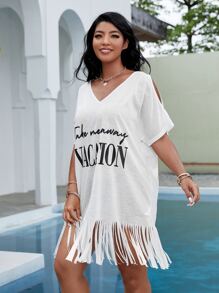 SHEIN VCAY Plus Split Sleeve Slogan Graphic Fringe Hem Dress - White - View 3