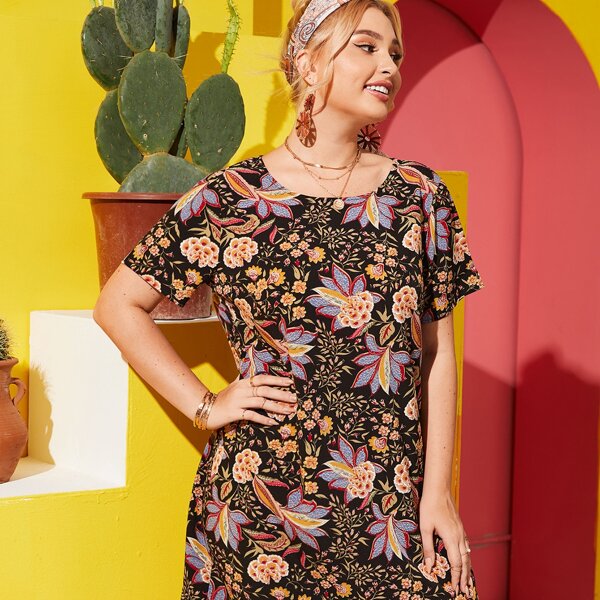 

Plus Floral Print Dress, Multicolor