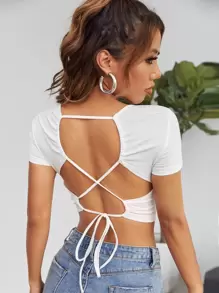 SHEIN EZwear Lace Up Backless Crop Tee - White - View 1