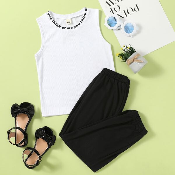 

Toddler Girls Letter Graphic Tank Top With Sweatpants, Black and white