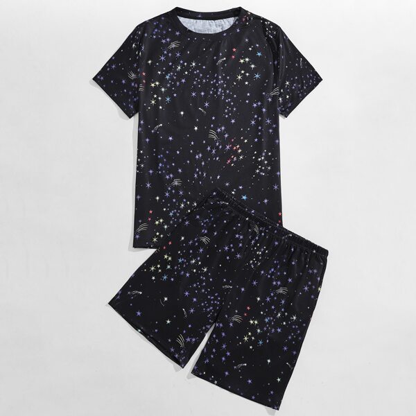 

Men Galaxy Print Tee With Track Shorts, Multicolor